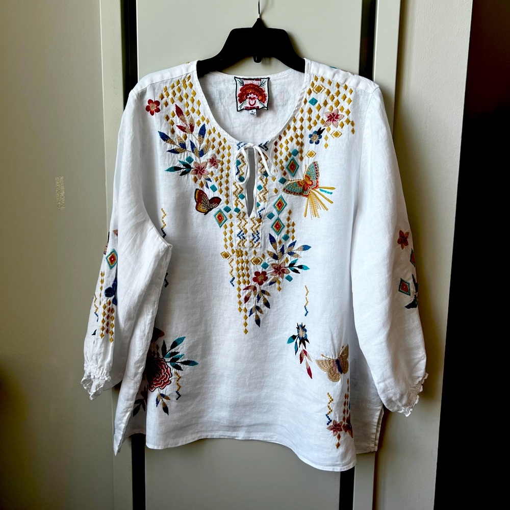 JOHNNY WAS Embroidered Peasant Top * MARIPOSA * Linen * size Xtra Large *